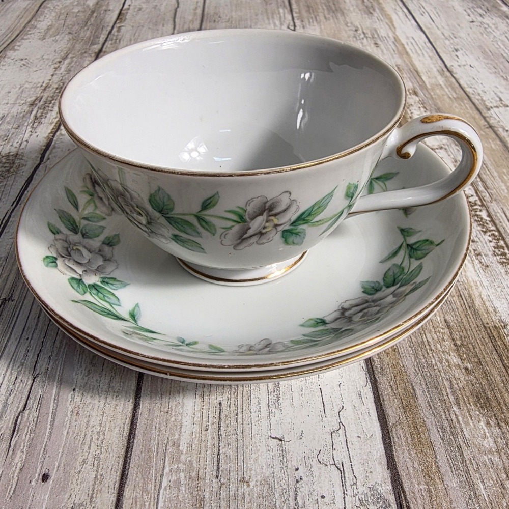 Regal China Virginia Tea Cup and Saucer Set White Floral Gold Trim 3 Piece Japan